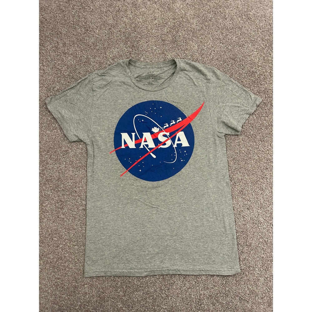NASA T-Shirt Mens Small Gray Excellent Holiday Santa Reindeer Graphic Tee